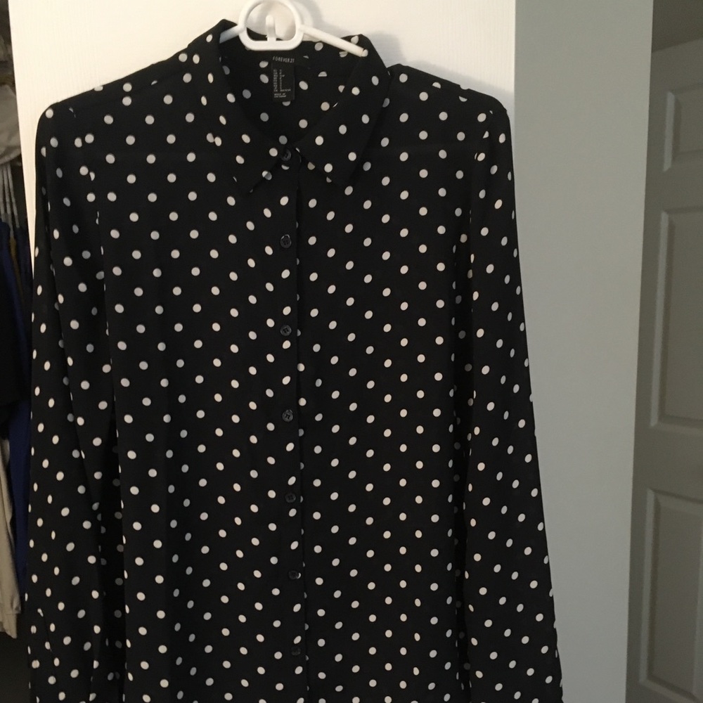 Navy and white polka dot button up shirt